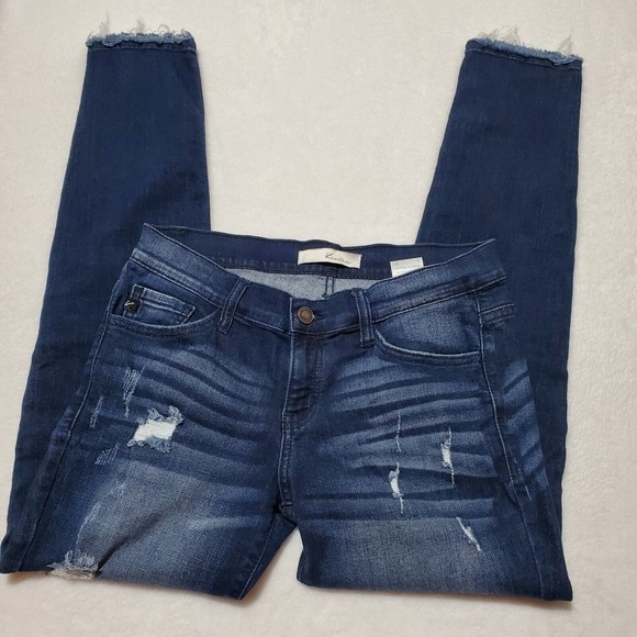 KanCan Moto Ankle Skinny Denim Jeans Women's Sz 27 Frayed Hem Dark Wash Distress - Picture 3 of 10
